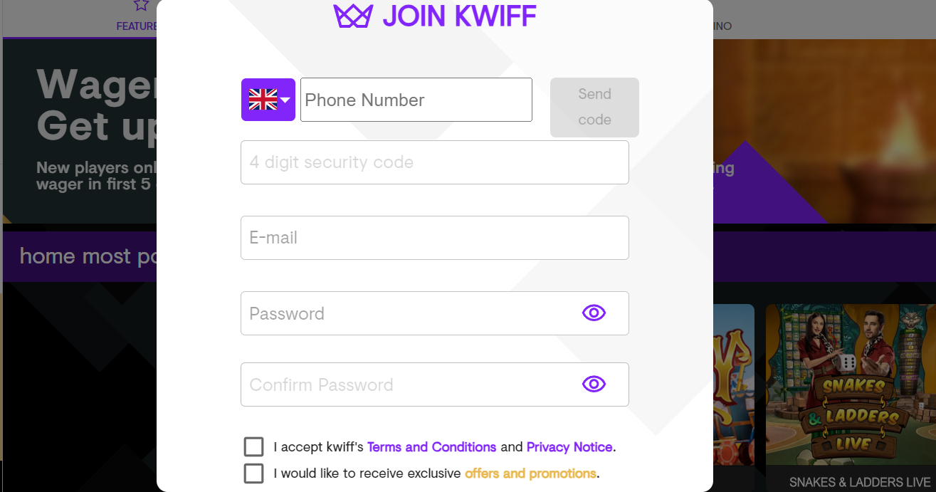 registering account kwiff casino