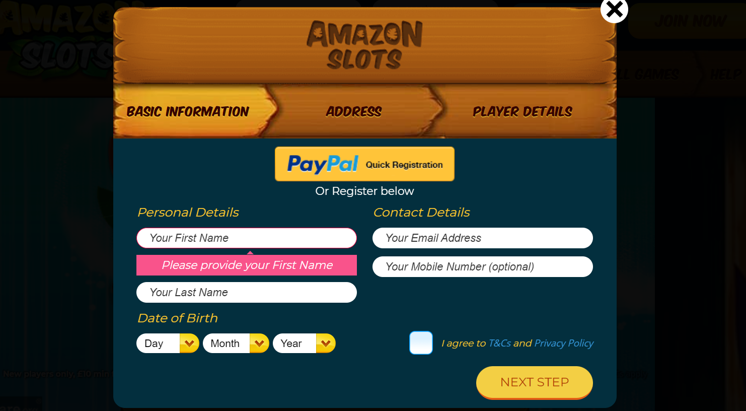 registering account amazon slots