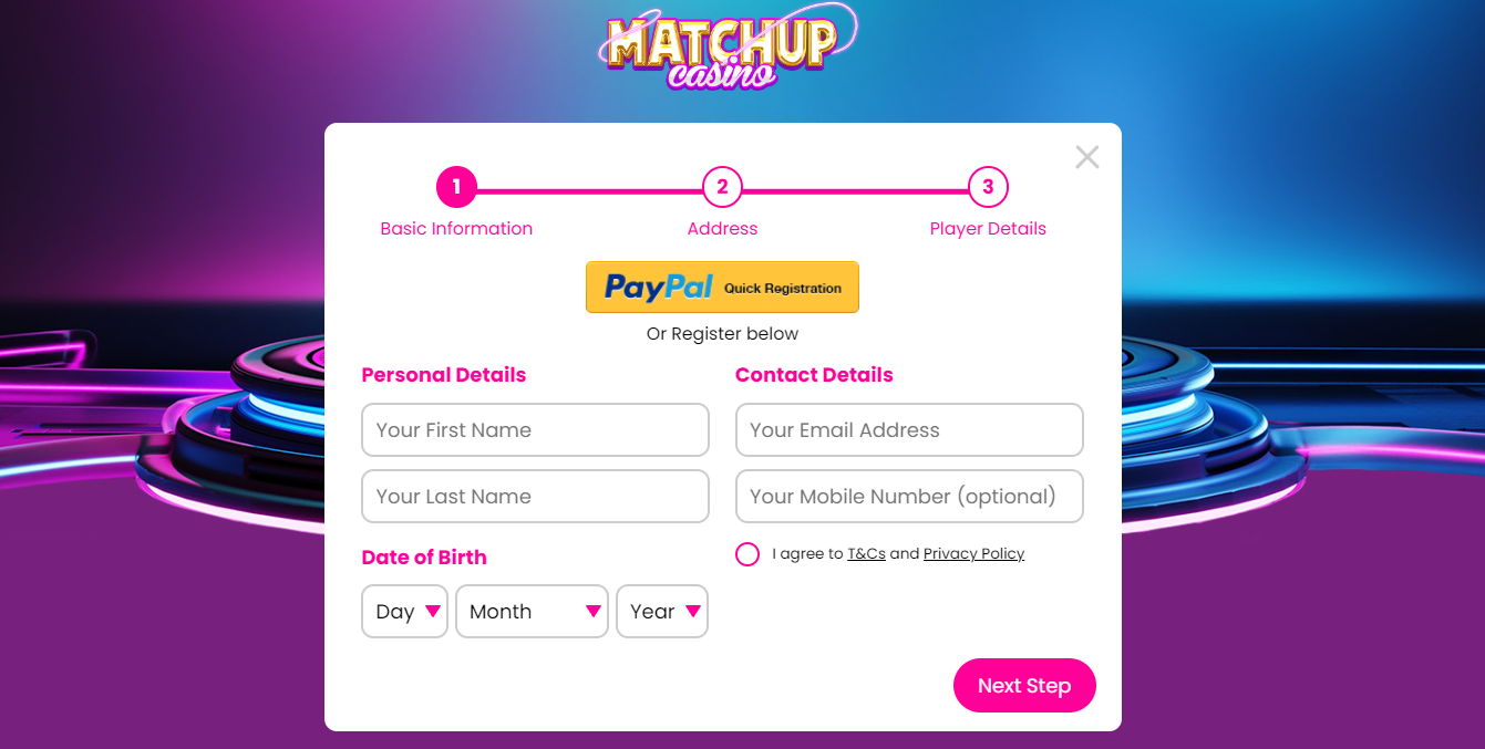 registering account matchup casino